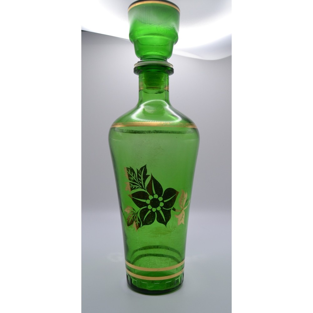 Italian Vintage Decanter Green w/Gold Gilding - Leaf & Flower Design Barware 11"